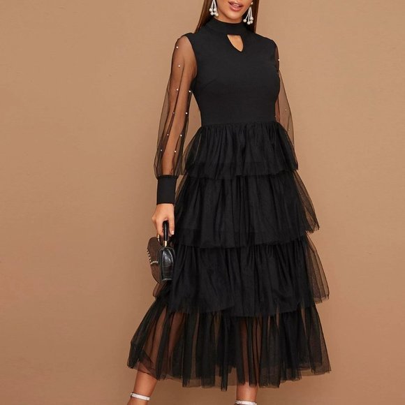 Chic Beaded Sheer Sleeve Layered Mesh Hem Peekaboo Dress black - Picture 3 of 5